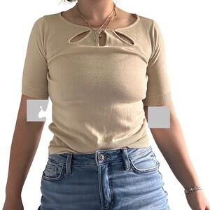 New York & Company Beige Knit Short Sleeve Top Cutout Neckline Small